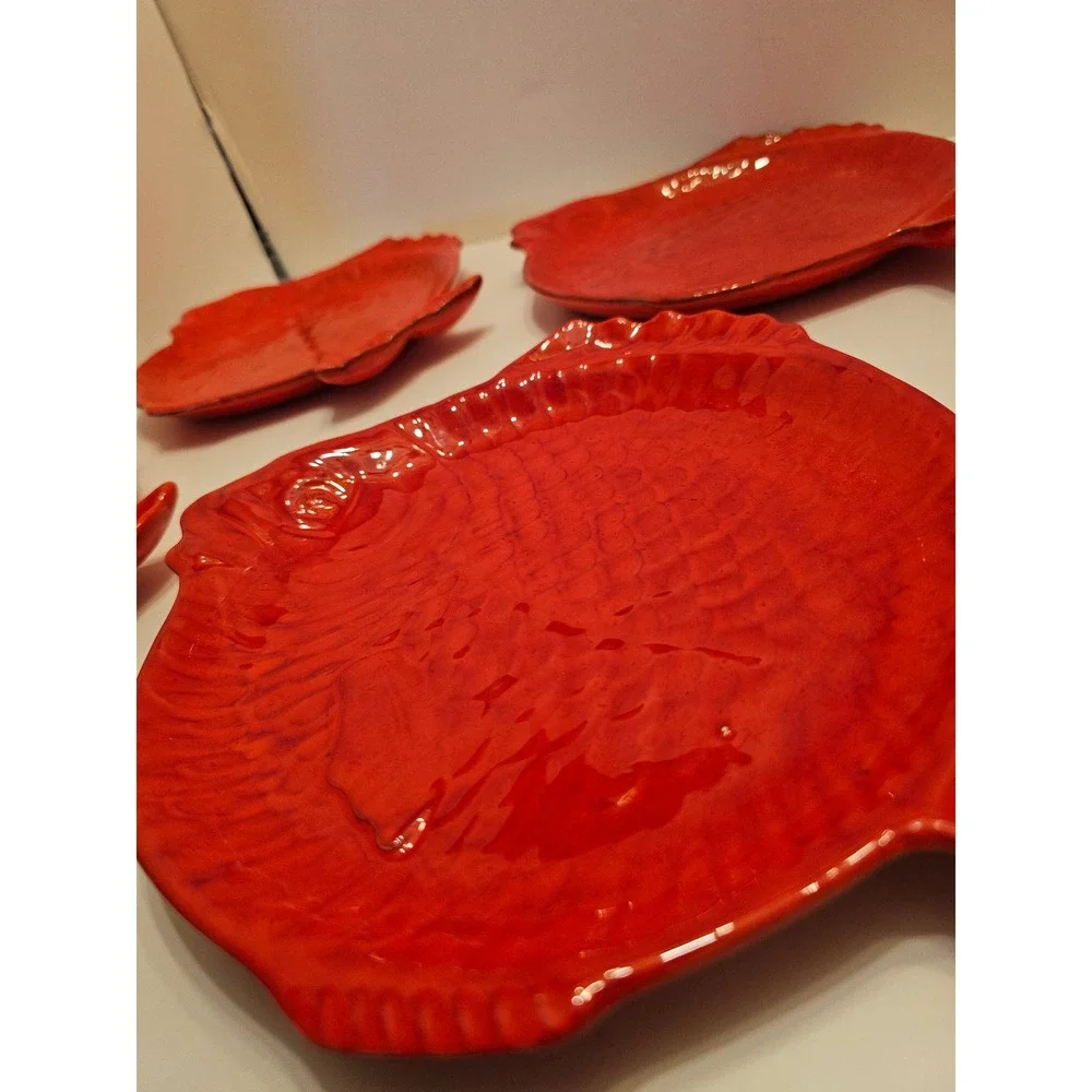 Vintage Holland Mold Red Ceramic Fish Plates S/4 MCM Nautical Signed‎ Pickle